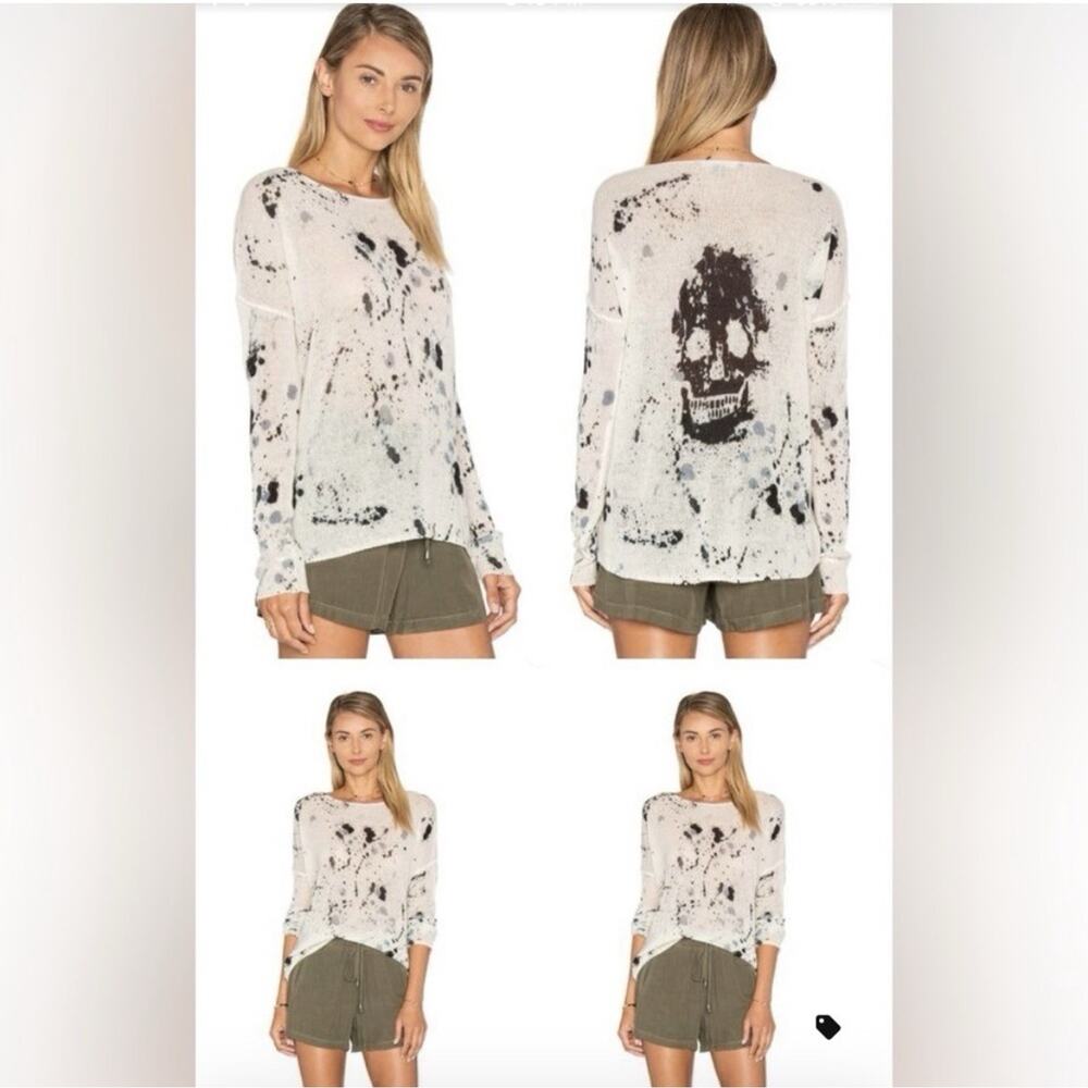 Skull Cashmere White Cream Distressed Skull Crewneck Sweater